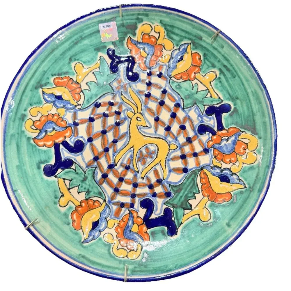 VTG Mexican Talavera Original Signed V. Perez 11” Deer Floral Plate Wall Decor